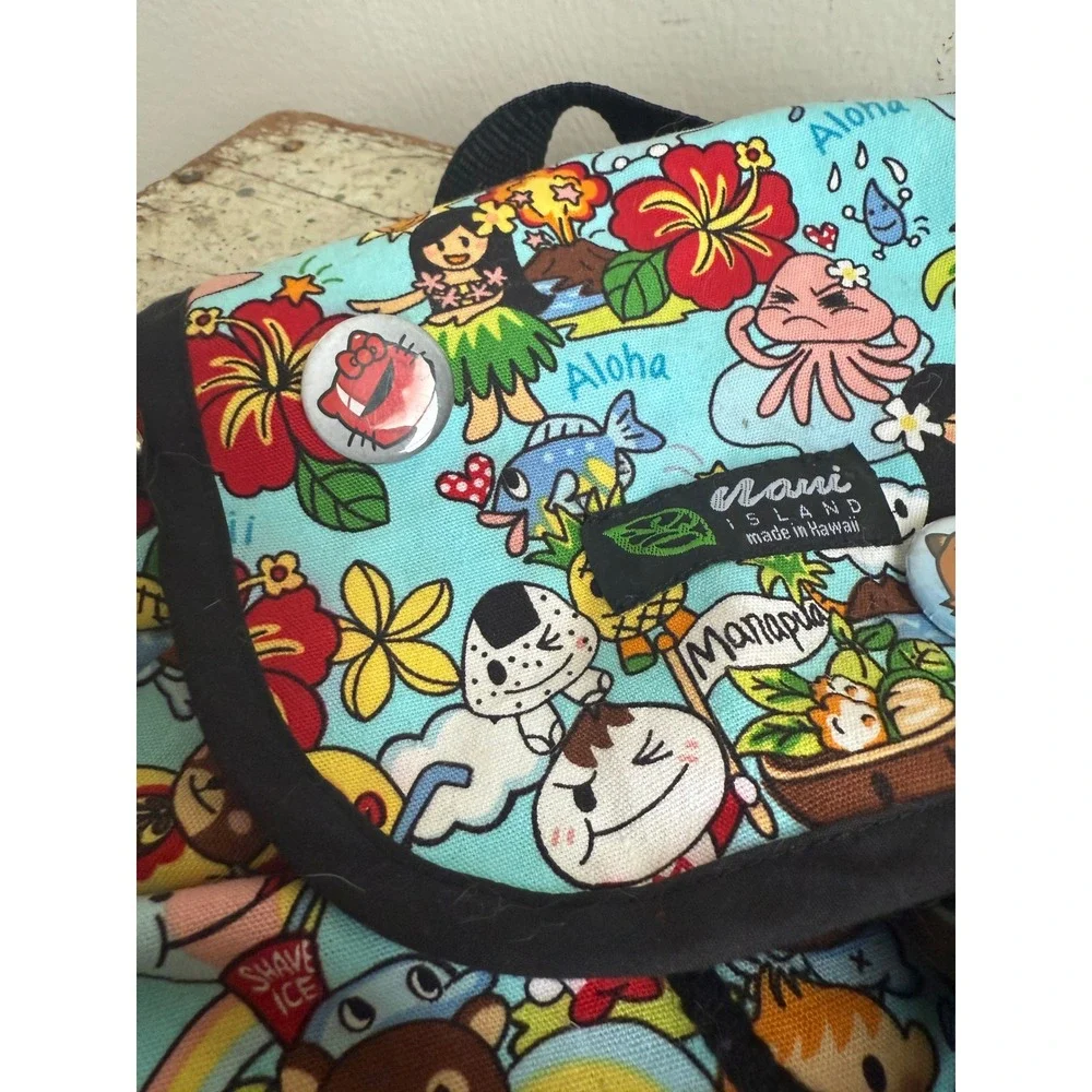 Vintage Hawaii Kids Backpack Aloha Hula Manapua Blue Canvas Bag